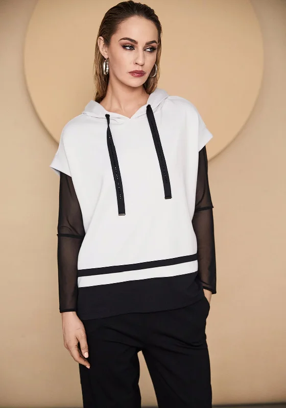 Naya Short Sleeve Contrast Hem Hoodie, Off White & Black Hoodie with Applique Textured Unique Naya Short Sleeve Contrast Hem Hoodie, Off White & Black Hoodie with Applique Textured Unique