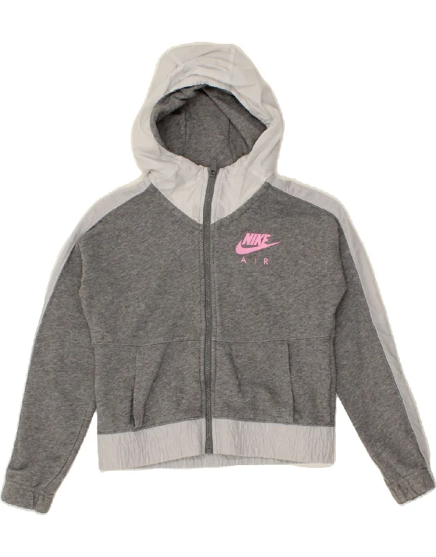NIKE Girls Graphic Zip Hoodie Sweater 10-11 Years Medium Grey Colourblock Welt Pockets Slit Pockets Flap Pockets NIKE Girls Graphic Zip Hoodie Sweater 10-11 Years Medium Grey Colourblock Welt Pockets Slit Pockets Flap Pockets