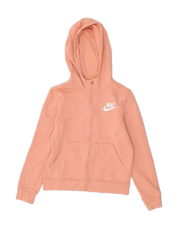 NIKE Girls Zip Hoodie Sweater 8-9 Years XS Pink Cotton Solid Print Embellished