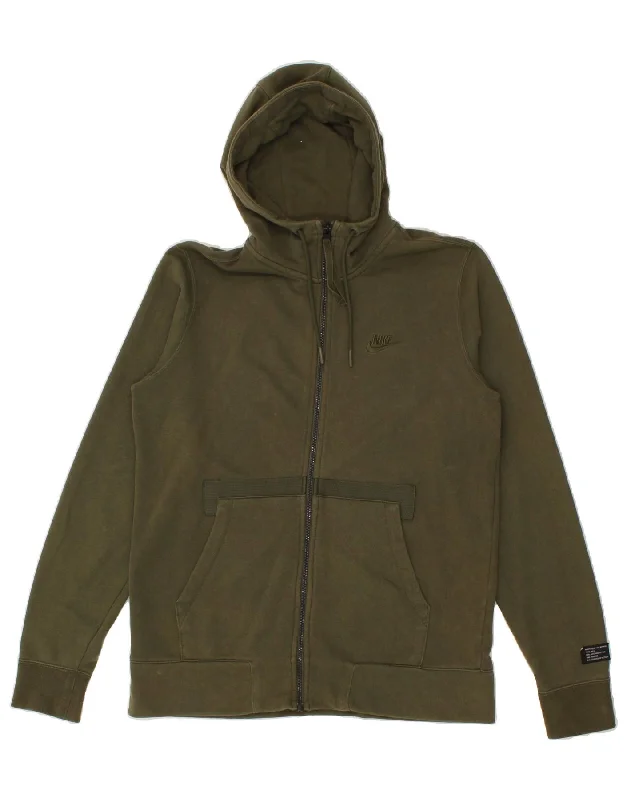 NIKE Mens Zip Hoodie Sweater Large Khaki Cotton Real Fur Shearling Chenille