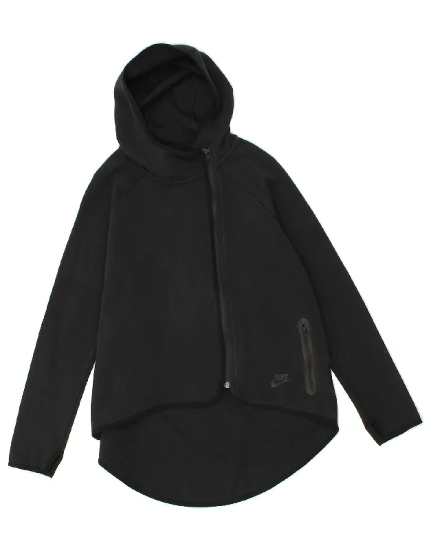 NIKE Womens Zip Hoodie Sweater UK 14 Medium Black Cotton Glossy Satin Silk