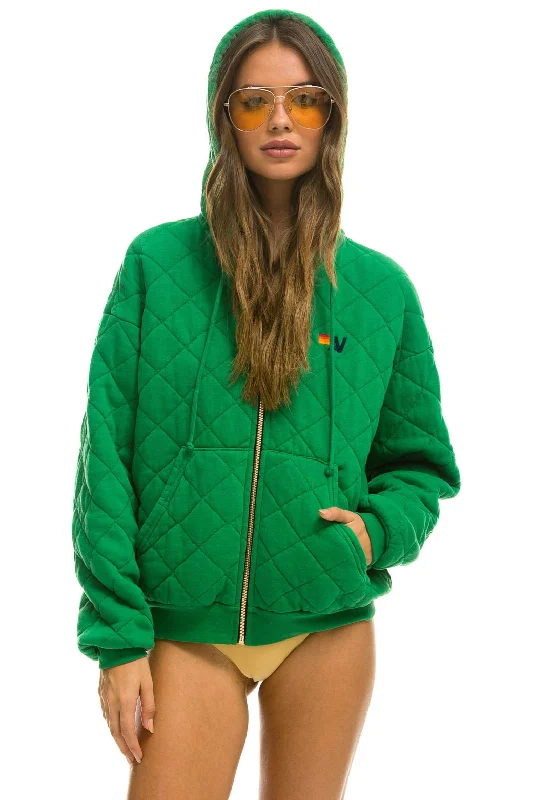 QUILTED ZIP HOODIE RELAXED - KELLY GREEN Hoodie with Set-In Sleeves Structured Classic QUILTED ZIP HOODIE RELAXED - KELLY GREEN Hoodie with Set-In Sleeves Structured Classic