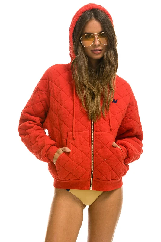 QUILTED ZIP HOODIE RELAXED - RED Hoodie with Neon Bright Vibrant