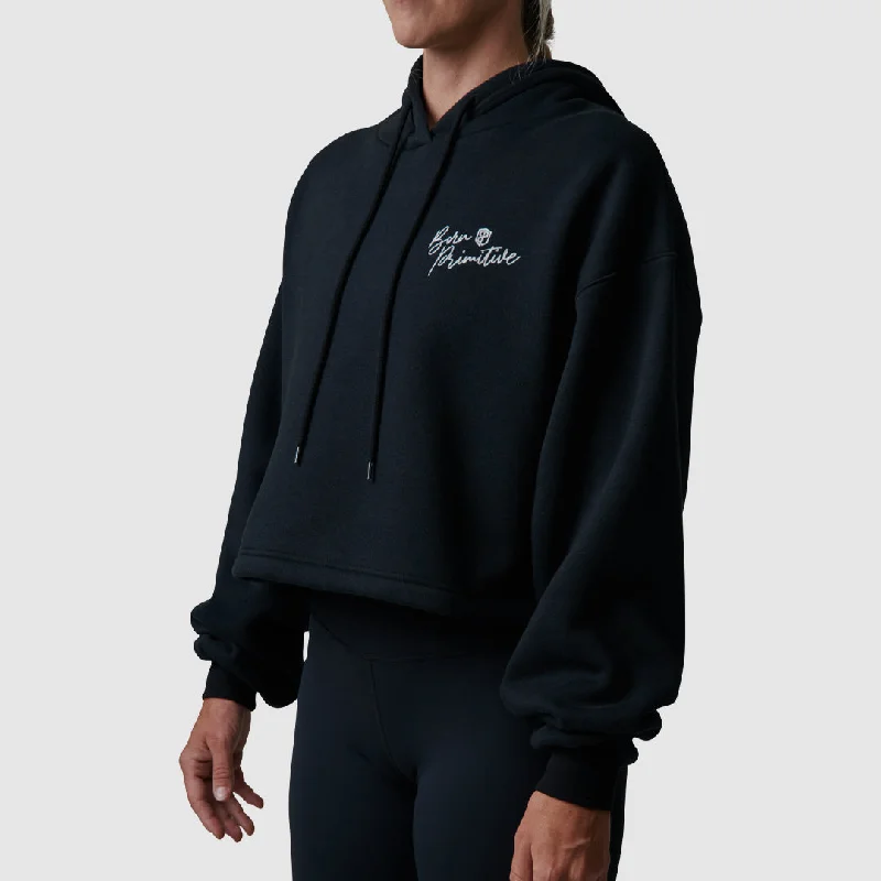 Revival Cropped Fleece Hoodie (Black) Hoodie with Distressed Vintage Worn