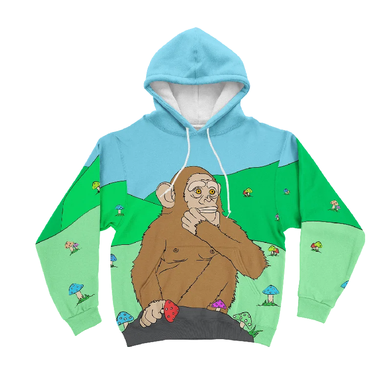 Ston~ Ape Mushroom Field All Over Print Unisex Hoodie Hoodie with Frayed Bohemian Relaxed Ston~ Ape Mushroom Field All Over Print Unisex Hoodie Hoodie with Frayed Bohemian Relaxed