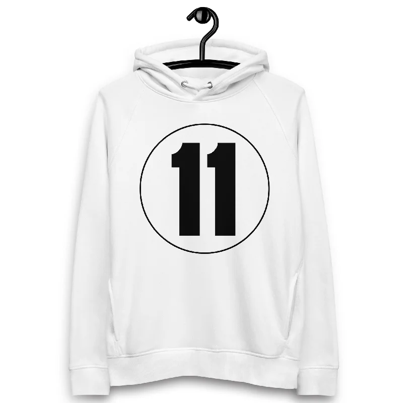 Unisex pullover hoodie: Black on White 11 Ruffle Neck Pullover
