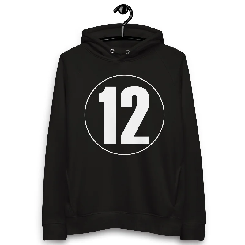 Unisex pullover hoodie: White on Black 12 Kimono Neck Pullover