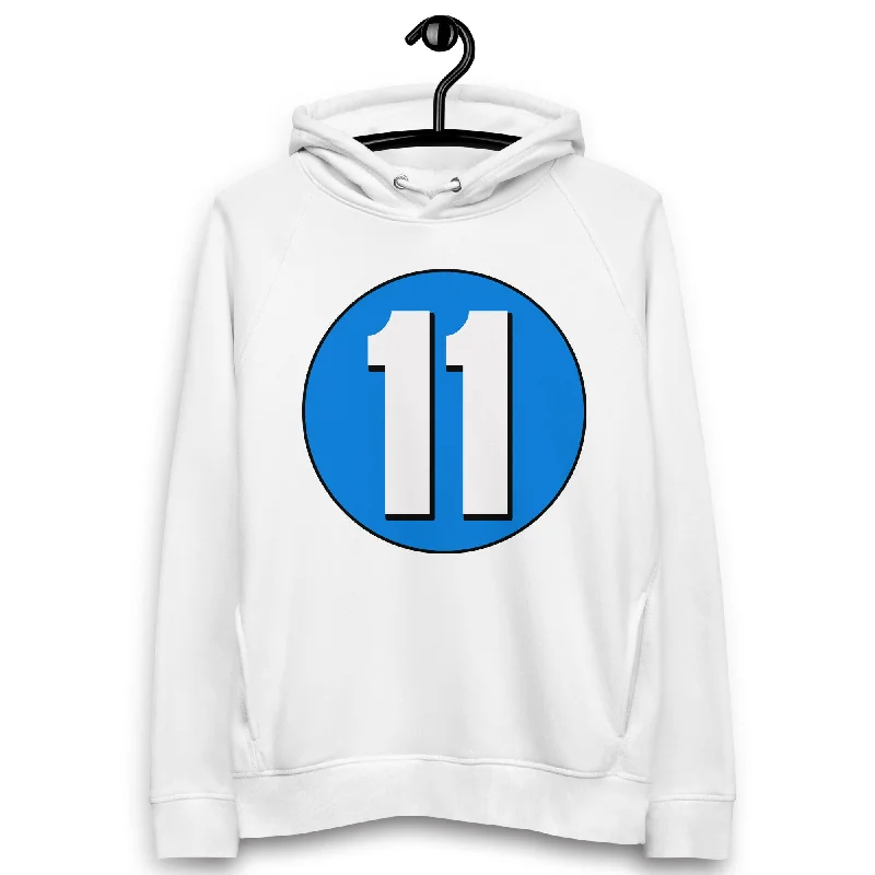 Unisex pullover hoodie: White on Blue 11 Long Sleeve Pullover