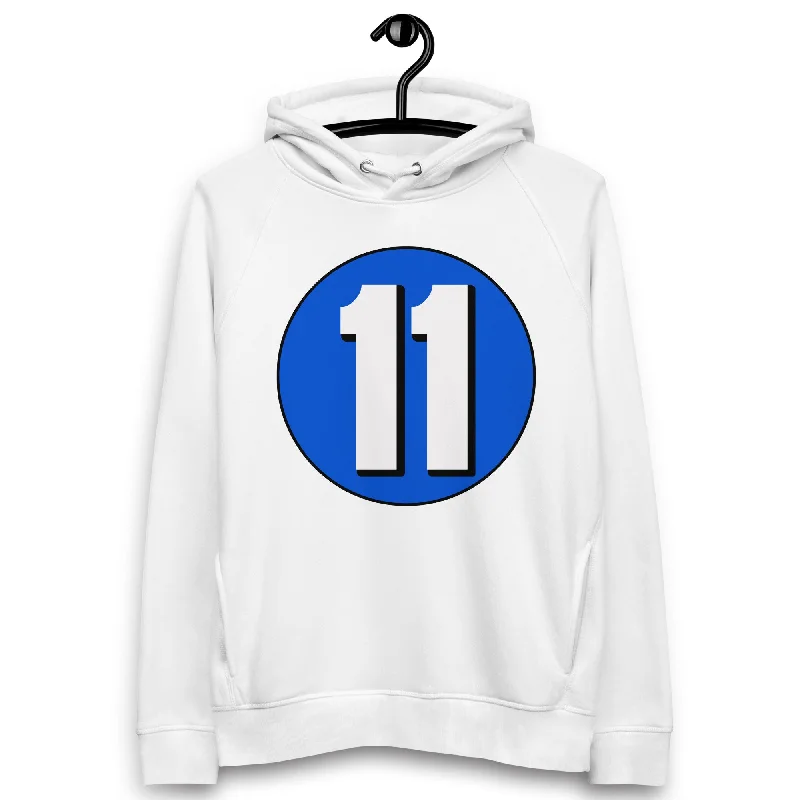 Unisex pullover hoodie: White on Periwinkle 11 Ruffled Neck Pullover