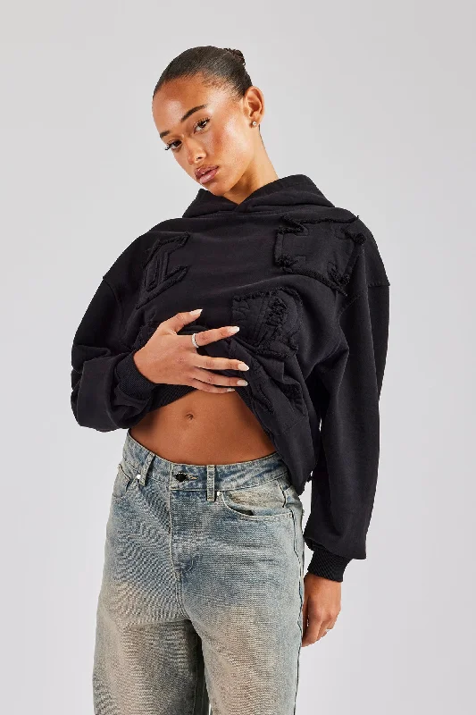 Womens Distressed Applique Hoodie  - Black Graphic Hoodie Design Print
