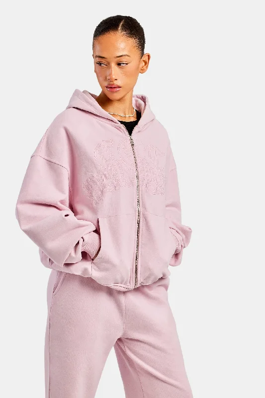 Womens Paraiso Embroidered Zip Hoodie - Pink Hoodie with Strings Custom Fit Adjustable