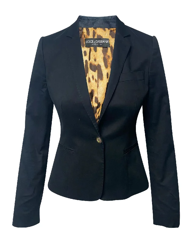 Dolce And Gabbana Leopard Print Lined Blazer in Navy Blue Cotton Women's Radiation Jacket