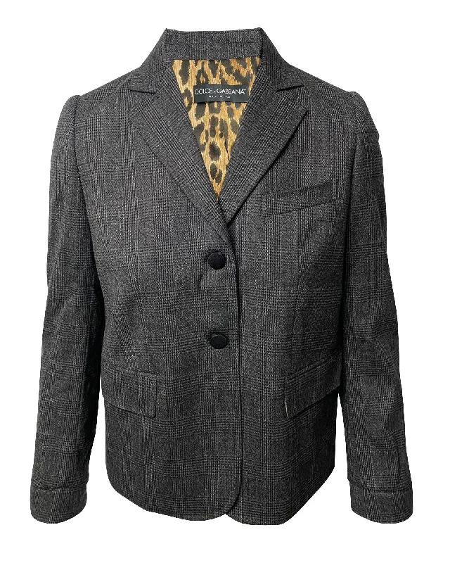 Dolce & Gabbana Single Breasted Leopard Print Lining Blazer In Grey Wool Winter Women's Blazer