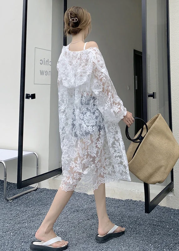 Beautiful White Embroideried Hooded Tulle Cardigans Summer Open Front Closed Front Wrap Front Beautiful White Embroideried Hooded Tulle Cardigans Summer Open Front Closed Front Wrap Front