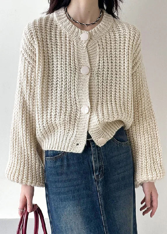 Beige Button Cotton Knit Cardigan O Neck Long Sleeve Real Fur Shearling Chenille