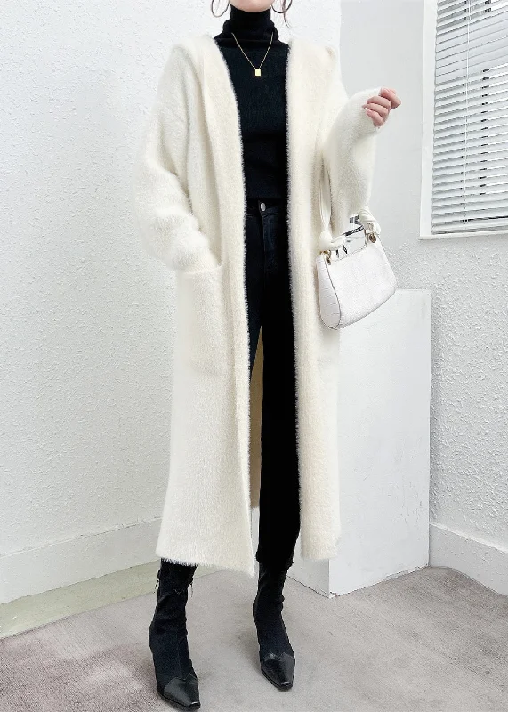 Modern White Hooded Pockets Mink Hair Knitted Cardigan Fall Mesh Fabric Canvas Fabric Denim Fabric