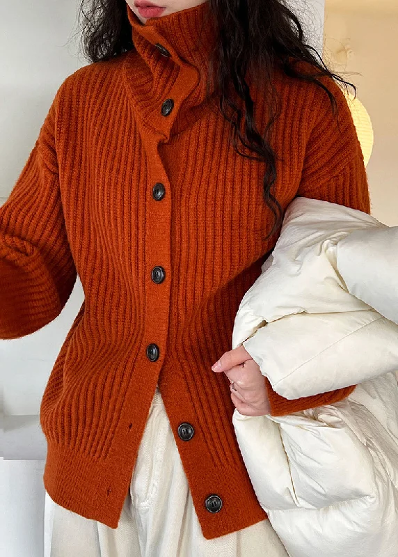 Natural Red Turtleneck Striped Cotton Knit Cardigans Long Sleeve Chenille Brocade Lace