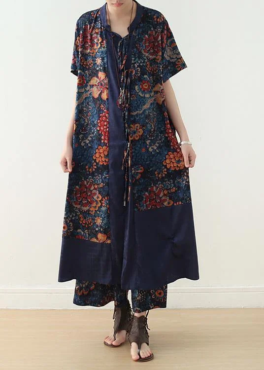 new loose blue retro print pattern v-neck silk cardigan and wide leg pants two-piece Chenille Fabric Brocade Fabric Lace Fabric