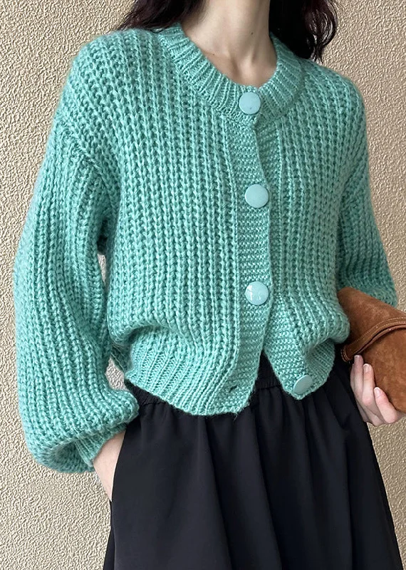 Simple Blue Button Cozy Cotton Knit Cardigan Long Sleeve Silk Blend Satin Velvet