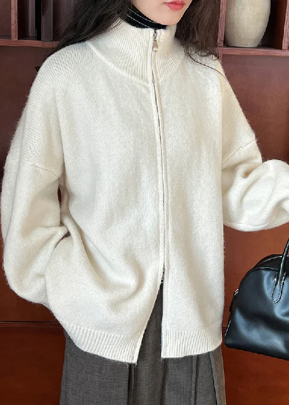 Women Apricot Stand Collar Zippered Cotton Knit Cardigans Fall Mesh Cardigan Canvas Denim