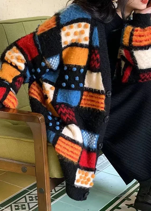 American Style V Neck Plaid Button Woolen Cardigan Fall Stylish Fashionable Trendy