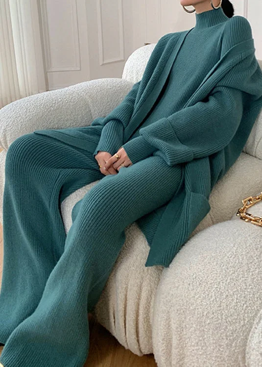 Autumn New Peacock Blue Knitted Wide Leg Pants Sweater And Cardigan 3 Piece Set Ribbed Striped Patterned Autumn New Peacock Blue Knitted Wide Leg Pants Sweater And Cardigan 3 Piece Set Ribbed Striped Patterned