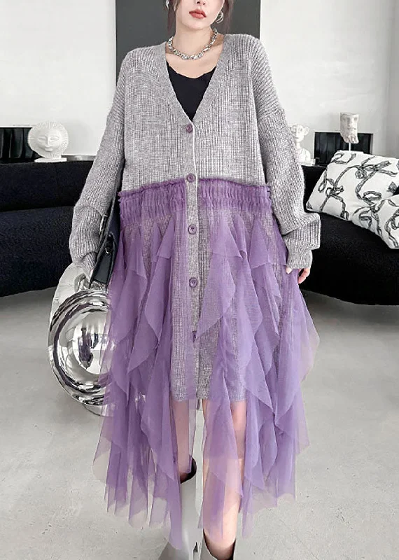 Fashion Grey V Neck Tulle Patchwork Knit Cardigans Fall Casual Formal Business