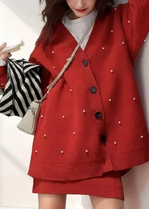 Fashion Red V Neck Nail Bead Cotton Knit Cardigan And Skirts Two Pieces Set Winter Lace Blend Ribbed Blend Corduroy Blend Fashion Red V Neck Nail Bead Cotton Knit Cardigan And Skirts Two Pieces Set Winter Lace Blend Ribbed Blend Corduroy Blend
