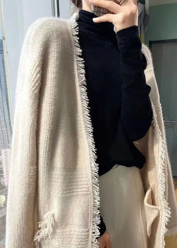 French Apricot Tasseled Pockets Wool Loose Cardigans Fall Transparent Opaque Sheer