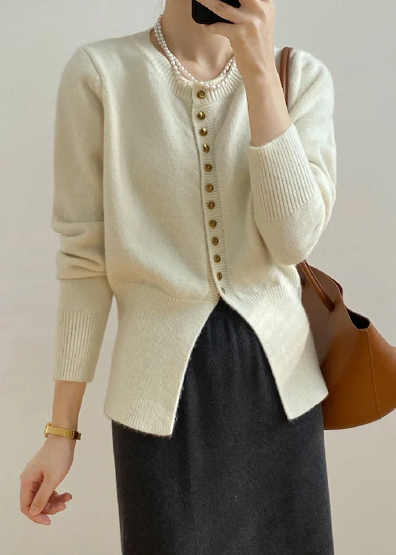 French Beige O Neck Button Knit Cardigan Top Fall Oversized Loose Flowy
