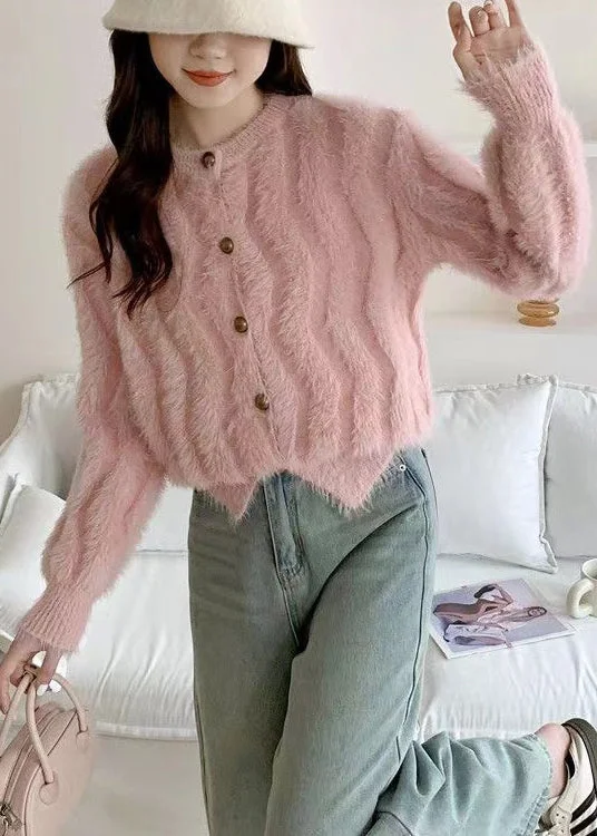 French Pink O Neck Button Mink Hair Knitted Cardigan Fall Herringbone Houndstooth Plaid French Pink O Neck Button Mink Hair Knitted Cardigan Fall Herringbone Houndstooth Plaid