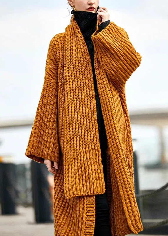 French Yellow Patchwork Cozy Woolen Cardigan Fall Stretchy Elastic Breathable