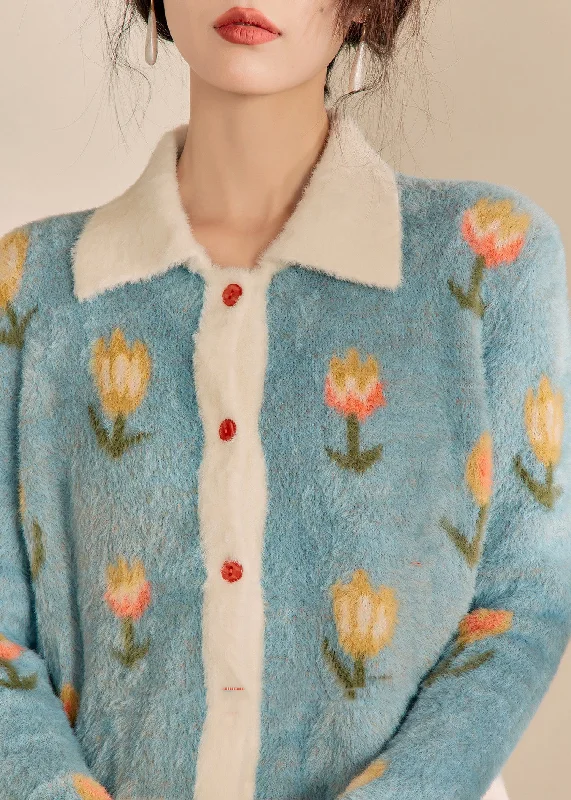 Modern Blue Peter Pan Collar Print Cotton Knit Cardigan Winter Sequined Glittery Shiny Modern Blue Peter Pan Collar Print Cotton Knit Cardigan Winter Sequined Glittery Shiny