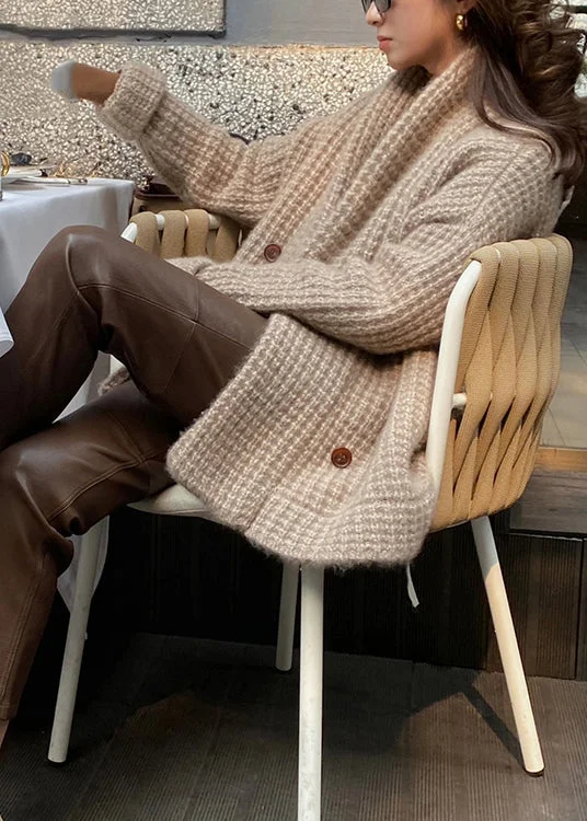 Modern Camel V Neck Button Knit Cardigan Fall Velvet Chenille Corduroy