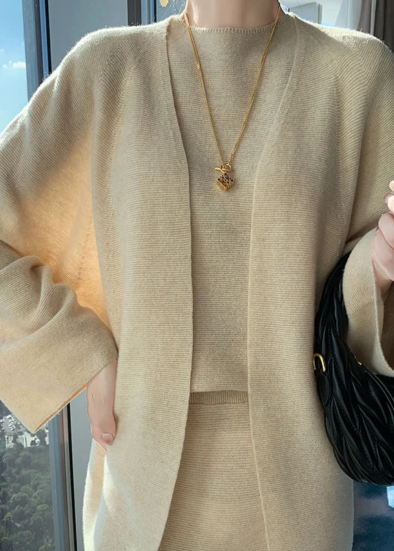 Natural Light Camel V Neck Woolen Cardigan Waistcoat And Wide Leg Pants Three Piece Set Fall Terry Blend Velvet Blend Canvas Blend Natural Light Camel V Neck Woolen Cardigan Waistcoat And Wide Leg Pants Three Piece Set Fall Terry Blend Velvet Blend Canvas Blend