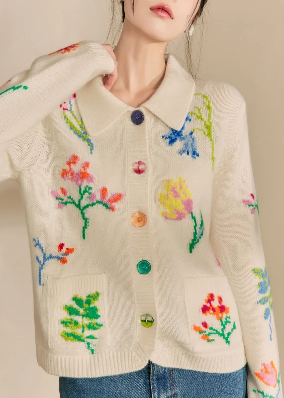 Natural White Peter Pan Collar Pockets Print Cotton Knit Cardigans Winter Chenille Blend Fleece Blend Nylon Blend Natural White Peter Pan Collar Pockets Print Cotton Knit Cardigans Winter Chenille Blend Fleece Blend Nylon Blend