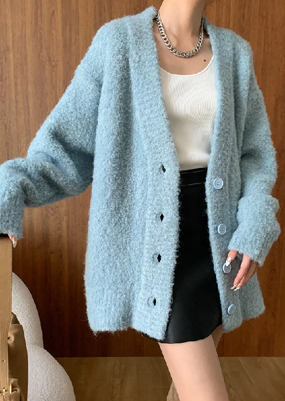 Plus Size Blue V Neck Button Woolen Cardigans Fall Modern Contemporary chic