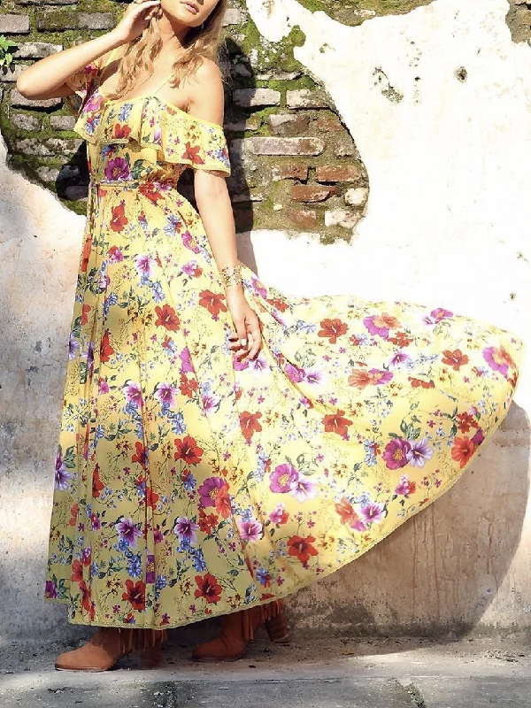 Printed Sling Cardigan Big Swing Bohemian Holiday Casual Waist One-length Collar Long Dress Chenille Brocade Lace