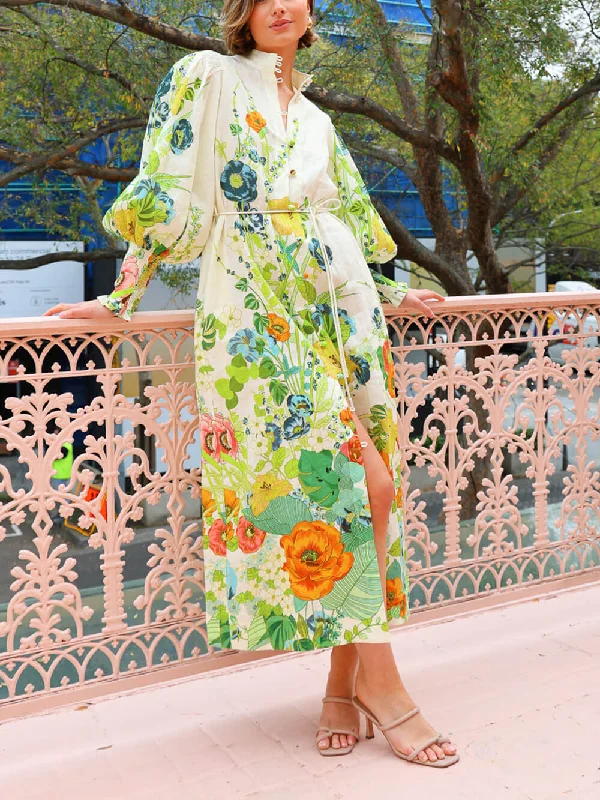 Unique Print Lantern Sleeve Graceful Cream Cardigan Style Shirt Dress Striped Floral Plaid Unique Print Lantern Sleeve Graceful Cream Cardigan Style Shirt Dress Striped Floral Plaid