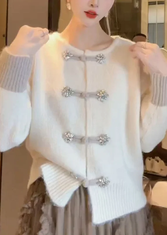 Unique White O Neck Chinese Button Knit Cardigan Fall Elegant Classic Vintage