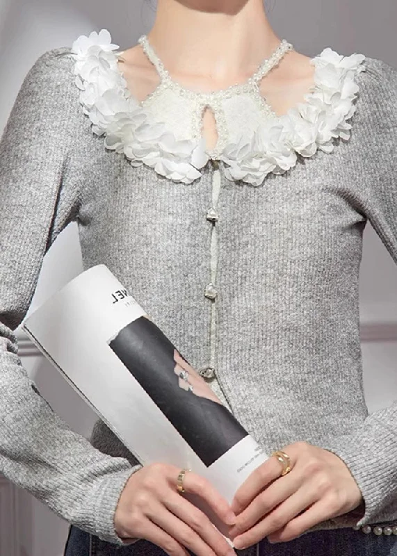 Women Grey V Neck Floral Cotton Knit Cardigans Fall Terry Terry Cloth Terry Knit