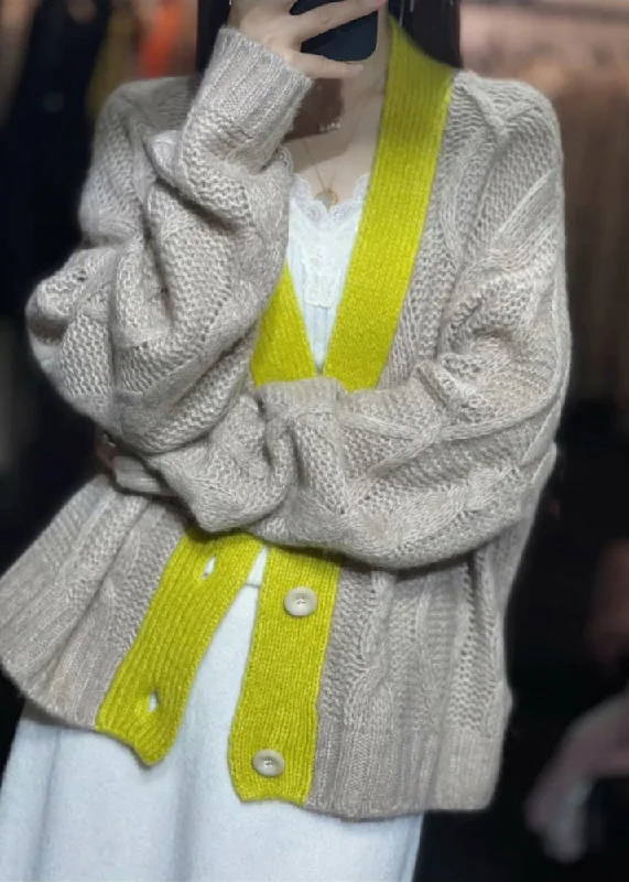 Women Khaki V Neck Button Patchwork Knit Cardigans Fall Iron Safe Non-Iron Wrinkle Free Women Khaki V Neck Button Patchwork Knit Cardigans Fall Iron Safe Non-Iron Wrinkle Free