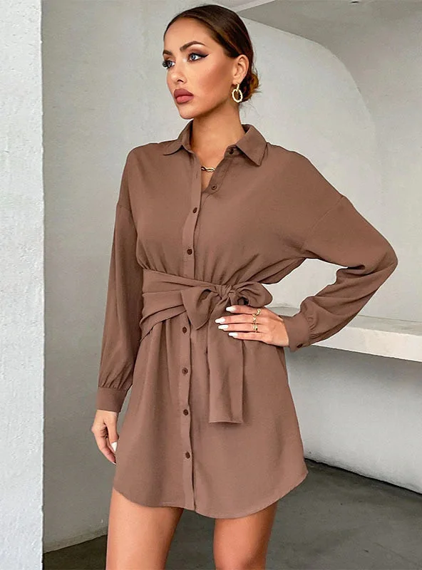 TastyHottie - CARDIGAN TIE LAPEL LONG SLEEVE SHIRT DRESS Glossy Satin Silk