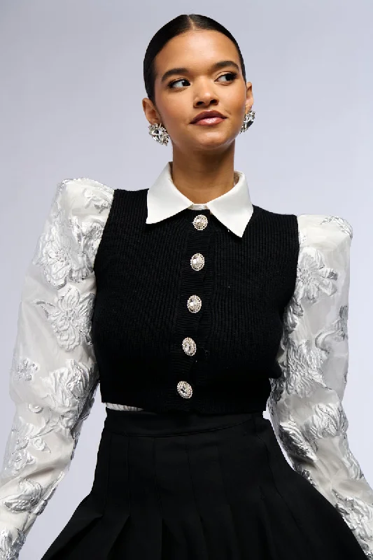AN ELEGANT EVENING BUTTON DOWN CARDIGAN WITH BROCADE PUFF SLEEVES Solid Print Embellished AN ELEGANT EVENING BUTTON DOWN CARDIGAN WITH BROCADE PUFF SLEEVES Solid Print Embellished