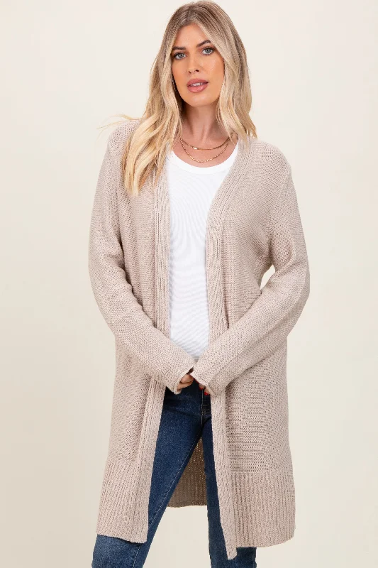 Beige Contrast Rib Long Open Cardigan Sequined Glittery Shiny