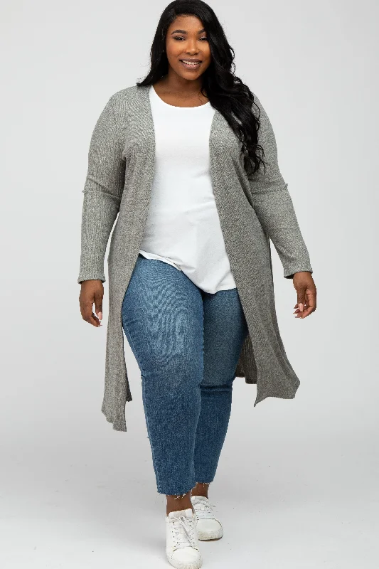 Beige Heathered Ribbed Side Slit Long Plus Cardigan Handmade Hand-knitted Hand-woven