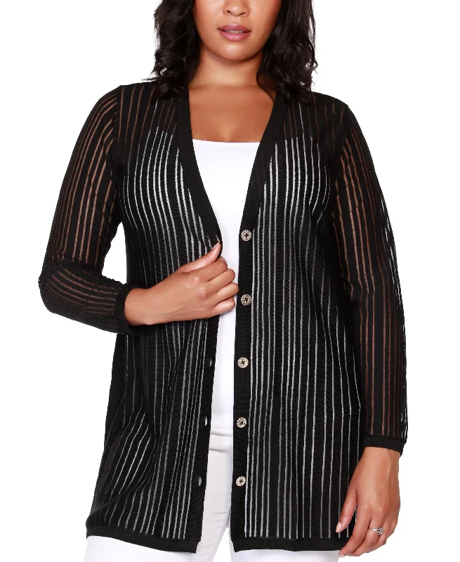 Belldini Black Label Plus Size Striped Long Sleeve Button Front Cardigan Lightweight Heavyweight Midweight