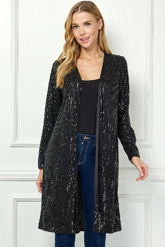 BLACK SEQUIN OPEN FRONT LONG SLEEVES CARDIGAN AVC51913W Terry Blend Velvet Blend Canvas Blend