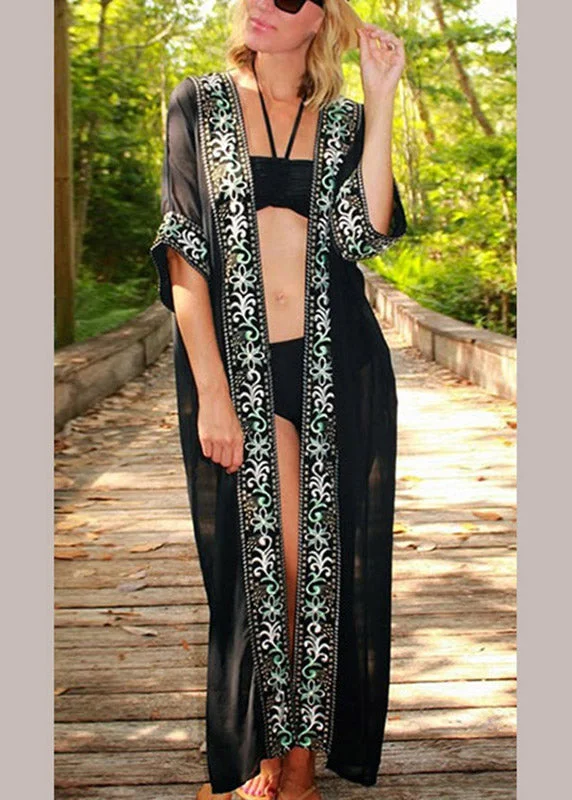 Bohemian Black V Neck Print Chiffon Long Beach Cardigans Summer Stylish Fashionable Trendy Bohemian Black V Neck Print Chiffon Long Beach Cardigans Summer Stylish Fashionable Trendy
