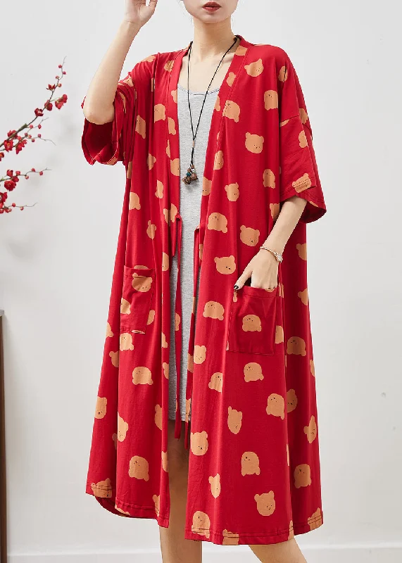 Boutique Red Lace Up Bear Print Cotton Cardigan Dress Summer Oversized Loose Flowy